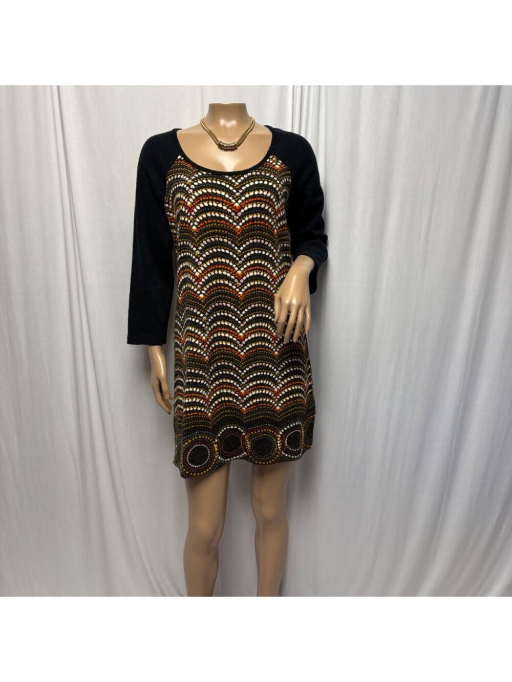 Aryeh Multicolor Knit Dress Short Womens Small Black Sleeves Artsy Playful NEW
